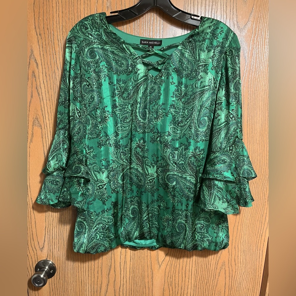EUC Green Paisley Blouse with V Neck Laced Detail